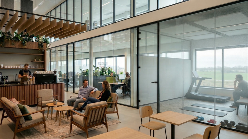 Kantoor met bedrijfsfitness en systeemwanden